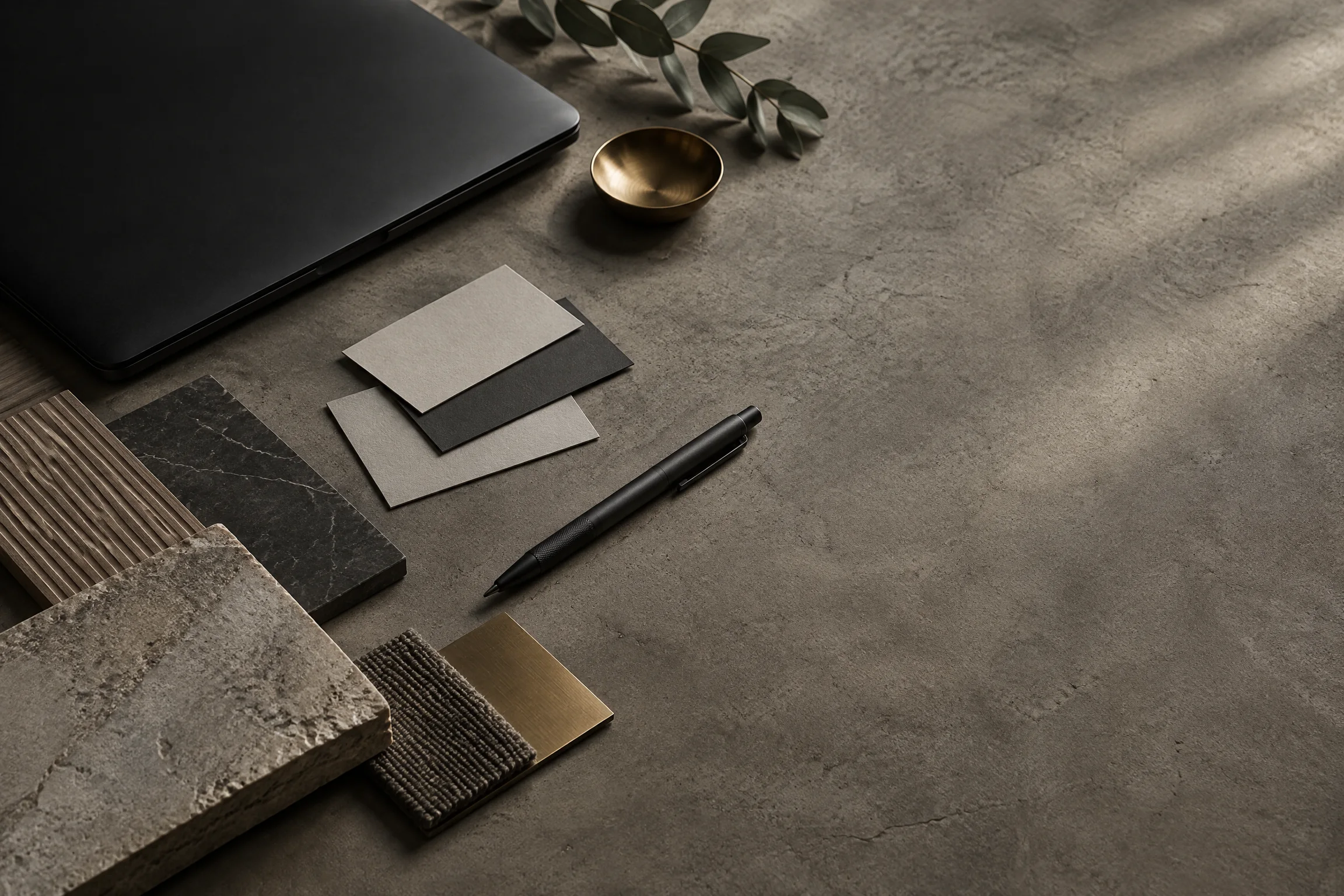 Refined business materials, laptop and design samples arranged on a stone desk