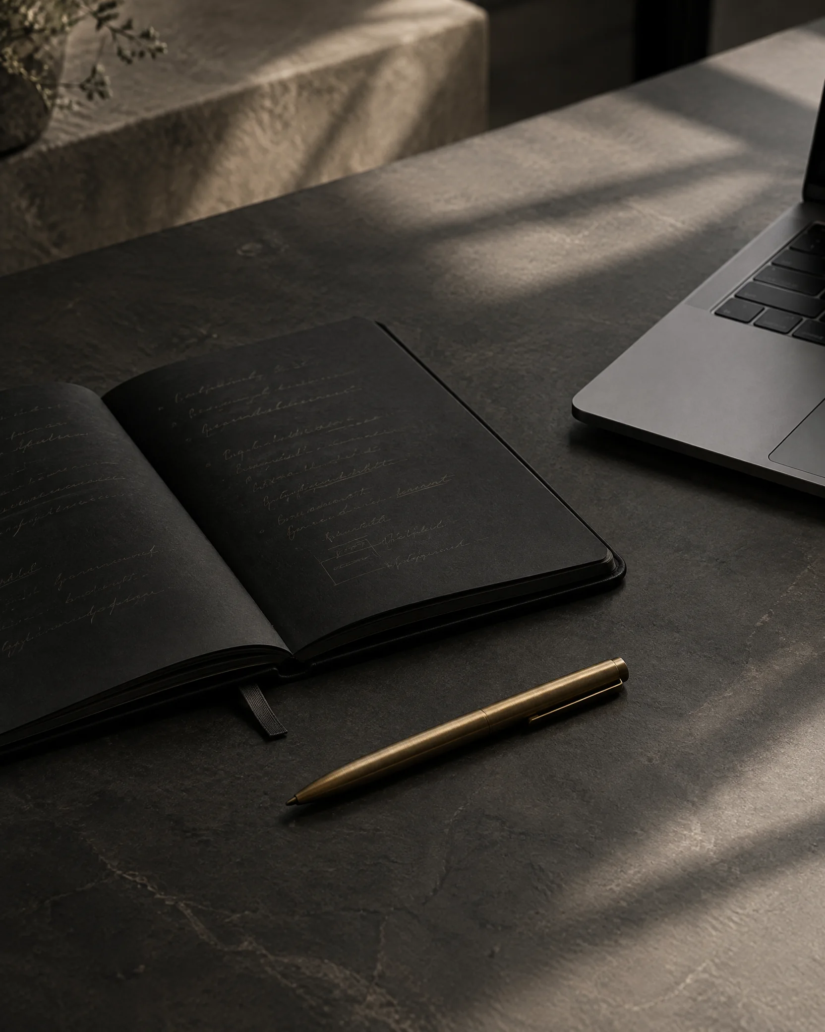 Project notebook, laptop and pen on a dark stone workspace