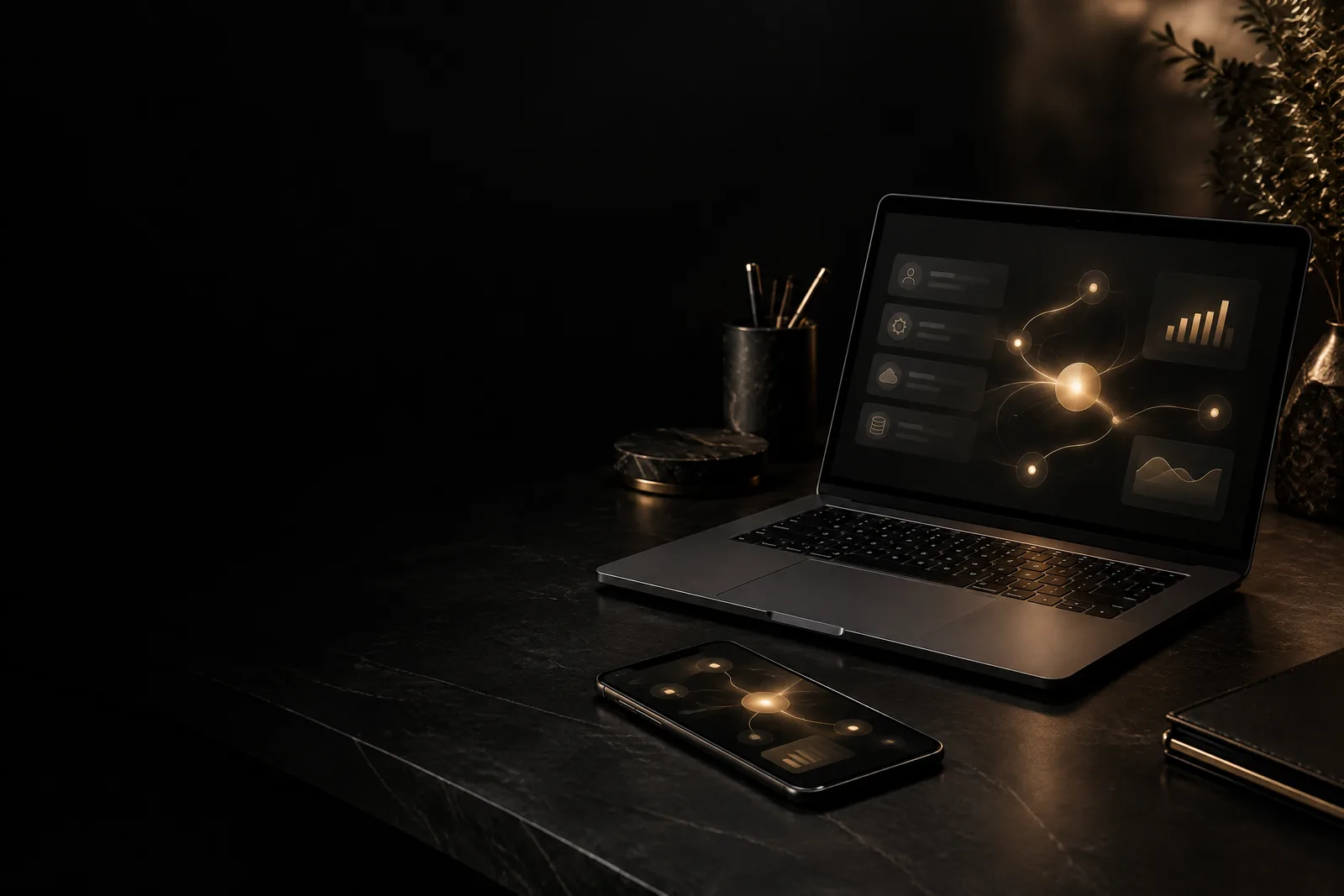 Laptop and phone workspace representing CRM and automation